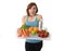 Young woman with healthy fruit tray and water