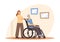 Young Woman Help to Old Disabled Man at Home or Nursing House. Social Worker Care of Sick Senior Driving on Wheelchair