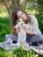 Young woman with her cute Jack Russell Terrier outdoor