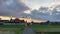 A young woman her little son and their dog run with a kite on a beautiful rice field. Shot on a phone