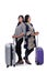 Young woman and her mother thinking and holding suitcase