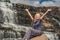 Young woman hiker, tourist on the background of Amazing Pongour