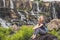 Young woman hiker, tourist on the background of Amazing Pongour