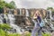 Young woman hiker, tourist on the background of Amazing Pongour