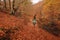 Young woman hiking on beech forest path on rainy day