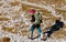 Young woman in hiking boots with big green backpack trekking in rocky mountains, Autumn vibes in mountain range Hochschwab, Styria