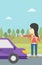 Young woman hitchhiking vector illustration.