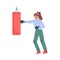 Young Woman Hitting Punching Bag with Boxing Gloves to Calm Down Stressful Emotion, Person Relaxing, Reducing and