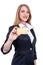 Young Woman Holding Blank business card in a hand - Stock Image