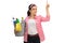 Young woman holding a bucket filled with cleaning products and p