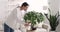 Young woman holding can watering house plant at home