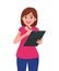 Young woman holding clipboard and writing. Girl writing a report/document. Human emotion and body language concept illustration.