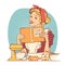 Young woman holding cook book in her hands on kitchen room.Reto style color illustration