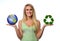 Young Woman Holding Earth and Recycle Logo