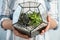 Young woman holding florarium with different succulents