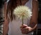 Young woman holding a giant dandelion or salsify in the garden background .summer spring