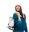 Young woman holding ice skates for winter ice skating sport activity in white hat