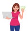 Young woman holding laptop computer and showing cash, money, currency notes. Trendy girl using digital device. Female character.