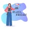 Young woman holding laptop with loudspeaker black friday shopping big sale promotion concept