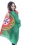 Young woman holding a large flag of Portugal