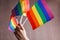 Young woman holding lgbt colorful rainbow flags