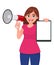 Young woman holding a megaphone or loudspeaker in hand. Girl holding blank clipboard, document, file or report. Female character.
