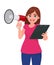 Young woman holding a megaphone or loudspeaker in hand. Girl holding clipboard, document, file or report. Female character design.