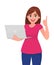 Young woman holding new laptop computer and pointing finger up. Trendy girl using latest digital device. Female character design.