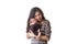 Young woman holding a newborn baby in her arms on the white background. Newborn photosession. Family portrait