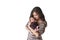 Young woman holding a newborn baby in her arms on the white background. Newborn photosession. Family portrait