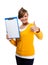 Young woman holding notepad showing ok sign