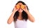 Young woman holding orange. Isolated over white. Isolated over w