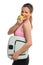 Young Woman Holding Scale and Apple