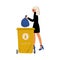 Young Woman Holding Trash Sack of Plastic Waste Near Garbage Container, Girl Throwing Plastic Bag into Trash Bin, People