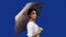 Young woman holding umbrella, blue screen background