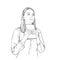 Young woman holds book in hands, looks straight and thinks, vector sketch, hand drawn linear illustration