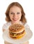 Young woman holds fast food, hamburger