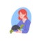 Young woman holds an turtle in hands, green turtle with gray shell, vector happy owner of exotic domestic pet reptile