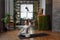 Young woman in homeware practicing balance yoga pose on carpet in her comfy bedroom.