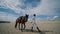 Young woman horseman walk with brown horse holding reins at sandy riding arena