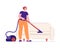 Young woman housewife housekeeper makes cleaning vacuums the sofa. Vector illustration in flat style.