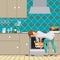 Young woman housewife takes a chicken out of an oven. Girl preparing food in the kitchen. Back view. Flat cartoon vector