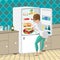 Young woman housewife takes out food from the refrigerator