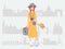 Young woman independent traveler, vector illustration. Single girl on sightseeing tour, silhouettes of famous European