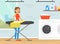 Young Woman Ironing Clothes on Ironing Board in Laundry Cartoon Vector Illustration