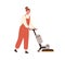 Young woman janitor in uniform holding sweeper machine. Cleaning service professional worker with floor washing