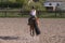 Young woman jockey jumps riding on a beautiful brown horse.