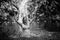 Young woman joying swimming in the pond near the waterfall. Black and white photo.