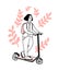 Young woman on kick scooter with pink backpack. Teen riding electric vehicle. Cute illustration of generation z, doodle