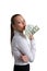 Young woman kiss a bundle of dollars